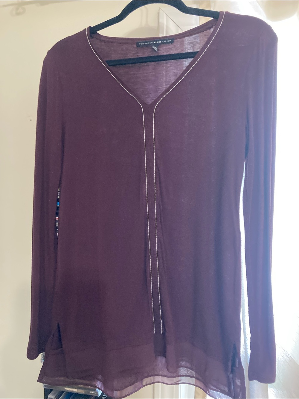 White House Black Market Plum Long Sleeve V-Neck Top with Contrast Stitching